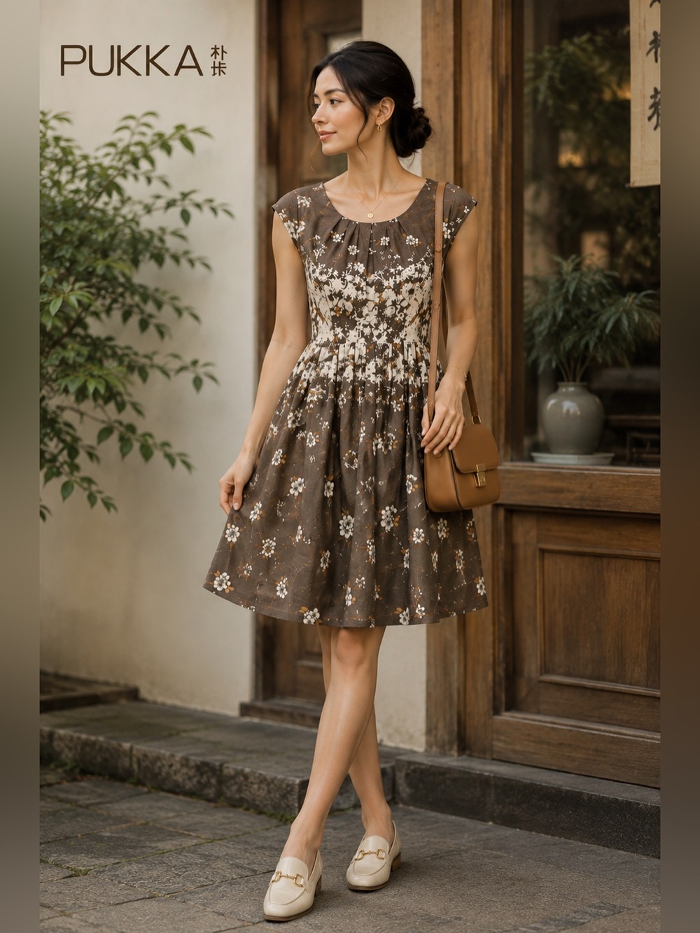 PUKKA Floral Cotton Fit & Flare Dress M Brown Japanese Cottagecore Tea Dress